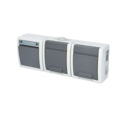 ATLAS *19094 IP55 Přepínač č.6 + zásuvka 2x 2P+PE, 2-násobná vodorovně s ochr. kolíkem, na povrch, šedý.