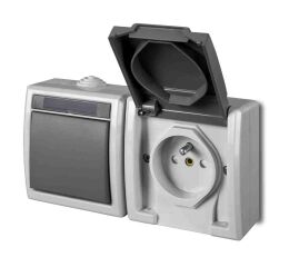 ATLAS *19091 IP55 Přepínač střídavý č.6 + zásuvka 2P+PE SCHUKO vodorovně, na povrch, šedý.