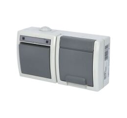 ATLAS *19090 IP55 Přepínač č.6 + zásuvka 2P+PE vodorovně s ochr. kolíkem, na povrch, šedý.