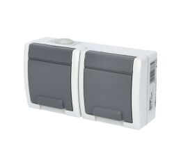 ATLAS *19083 IP55 Zásuvka 2x 2P+PE, 2-násobná vodorovná s ochr. kolíkem, na povrch, šedá.