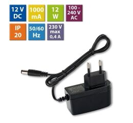 Napájecí adaptér 12W, DC12V/1A, IP20, černý plast, s vidlicí *732.062.11.0