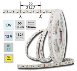 LED pásek SMD5050 bílá, DC12V, IP20, 10mm, bílý PCB pásek, 60 led/metr ML-121.599.60.0