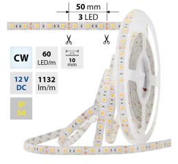LED pásek SMD5050 bílá barva, DC12V, IP65, 10mm, bílý PCB pásek, 60 led ML-121.606.70.0
