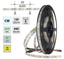 LED pásek SMD2835 CW, 120LED/m, 9,6W/m, DC 24V, 840lm/m, CRI90, IP20, 8mm
