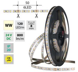 LED pásek SMD2835 NW, 120LED/m, 9,6W/m, DC 24V, 880lm/m, CRI90, IP20, 8mm,ML-126.840.60.0