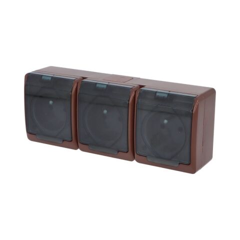 GALATEA *5323-05 IP44 Zásuvka 3x 2P+PE, 3-násobná vodorovná (hnědá / průhledné víčko).