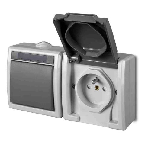 ATLAS *19091 IP55 Přepínač střídavý č.6 + zásuvka 2P+PE SCHUKO vodorovně, na povrch, šedý.