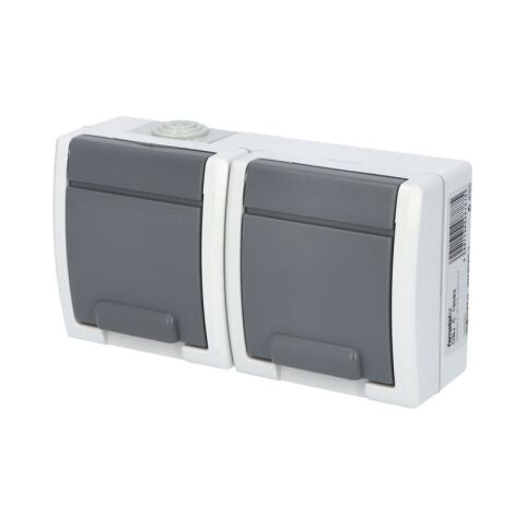 ATLAS *19083 IP55 Zásuvka 2x 2P+PE, 2-násobná vodorovná s ochr. kolíkem, na povrch, šedá.