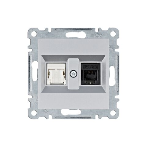 Hager WL2212 Zásuvka telefonní 1x RJ11 cat.3/ data 1x RJ cat.5e, stříbrná mat