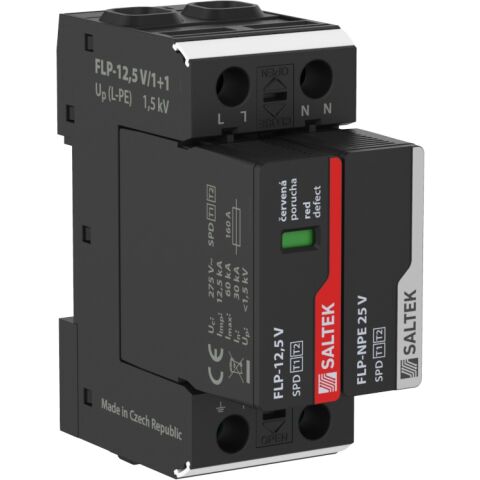Saltek FLP-12,5 V/1+1 svodič bleskových proudů a přepětí, vhodné pro 1-fázový systém TT, instalace na vstupu do budovy, 60 kA(8/20), 25 kA (10/350)