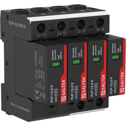 Saltek FLP-12,5 V/4 S svodič bleskových proudů a přepětí, vhodné pro  3-fázový  systém TN-S, instalace na vstupu do budovy, 240 kA(8/20), 50 kA (10/350), dálková signalizace poruchy