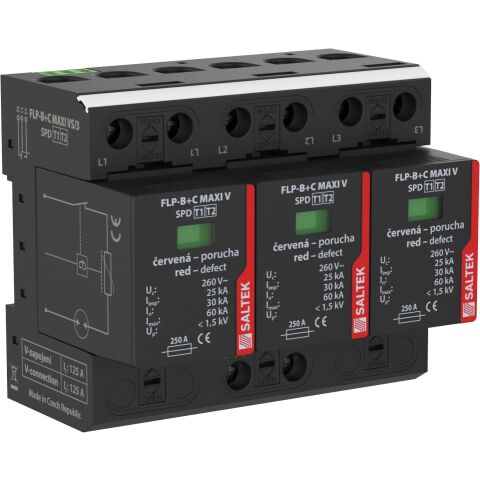 Saltek FLP-B+C MAXI VS/3 kombinovaný svodič bleskových proudů a přepětí, vhodné pro 3-fázový systém TN-C, instalace na vstupu do budovy, 75 kA (10/350), 180 kA (8/20), dálková signalizace poruchy