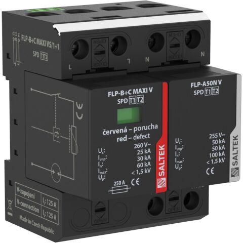 Saltek FLP-B+C MAXI VS/1+1 kombinovaný svodič bleskových proudů a přepětí, vhodné pro 1-fázový systém TT, instalace na vstupu do budovy, 50 kA (10/350), 100 kA (8/20), dálková signalizace poruchy