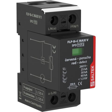 Saltek FLP-B+C MAXI V/1 kombinovaný svodič bleskových proudů a přepětí, vhodné pro systémy TN a TT,  instalace na vstupu do budovy, 25 kA (10/350)