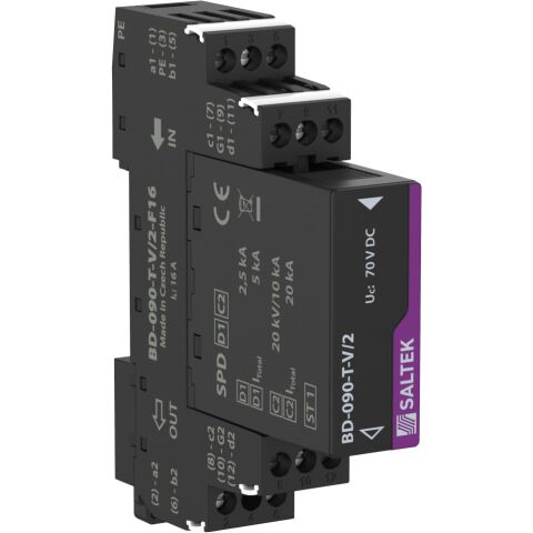 Saltek BD-090-T-V/2-F16 svodič bleskových proudů pro 2 dvoužilové plovoucí telekomunikační nebo signálové linky, instalace na vstupu do budovy, max. 70 V