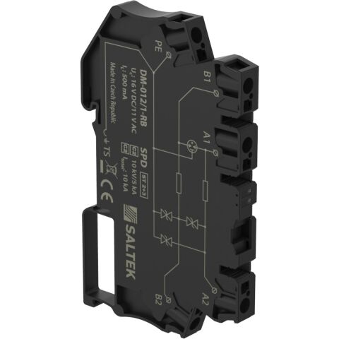 Saltek DM-012/1-RB přepěťová ochrana dvoužilových plovoucích signálových linek, instalace těsně před chráněné zařízení, bezšroubová řadová svorka, 12 V DC, max. 0,5 A