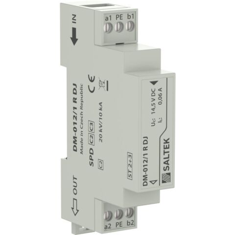 Saltek DM-012/1-R-DJ přepěťová ochrana dvoužilových signálových linek, instalace těsně před chráněné zařízení, 12 V DC, do 0,5 A