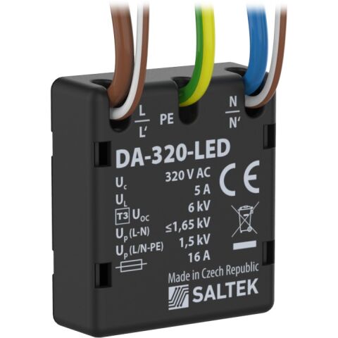 Saltek DA-320-LED modul s přepěťovou ochranou hlavně pro LED svítidla bez ohledu na typ napájecího systému, instalace těsně před chráněné zařízení, s přerušením napájení, 6 A, umístění C low