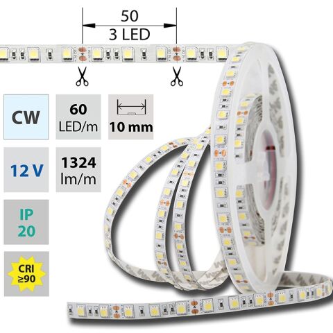 LED pásek SMD5050 bílá, DC12V, IP20, 10mm, bílý PCB pásek, 60 led/metr ML-121.599.60.0