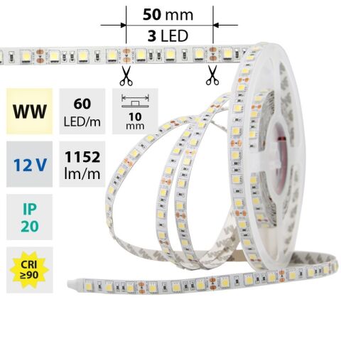 LED pásek SMD5050 teple bílá , DC12V, IP20,   10mm, bílý PCB pásek, 60 led ML-ML-121.600.6