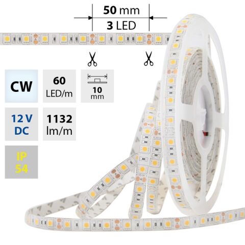 LED pásek SMD5050 bílá barva, DC12V, IP65, 10mm, bílý PCB pásek, 60 led ML-121.606.70.0