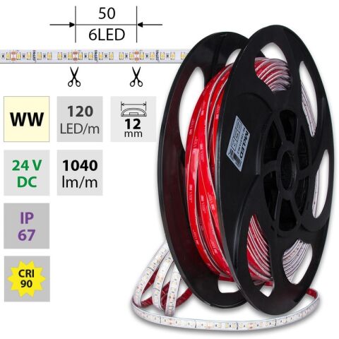 LED pásek SMD2835 WW, 120LED/m, 14W/m, DC 24V, 1040lm/m,CRI90,IP67,12mm *126.013.90.2
