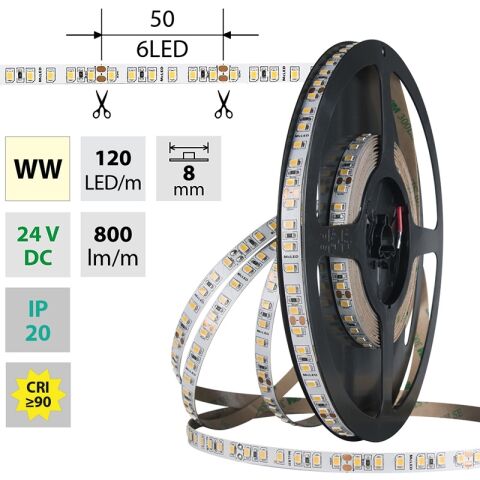 LED pásek SMD2835 NW, 120LED/m, 9,6W/m, DC 24V, 880lm/m, CRI90, IP20, 8mm,ML-126.840.60.0