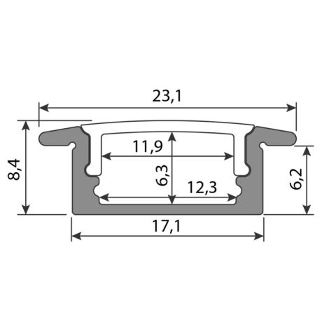 Vestavný hliníkový profil 23x8 mm, matný difuzor 1m *ML-761.011.43.1