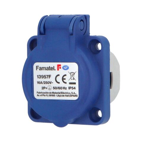 Zásuvka vestavná 13957F IP54/230V/16A s ochranným kolíkem, modrá (smyčkovací) Famatel